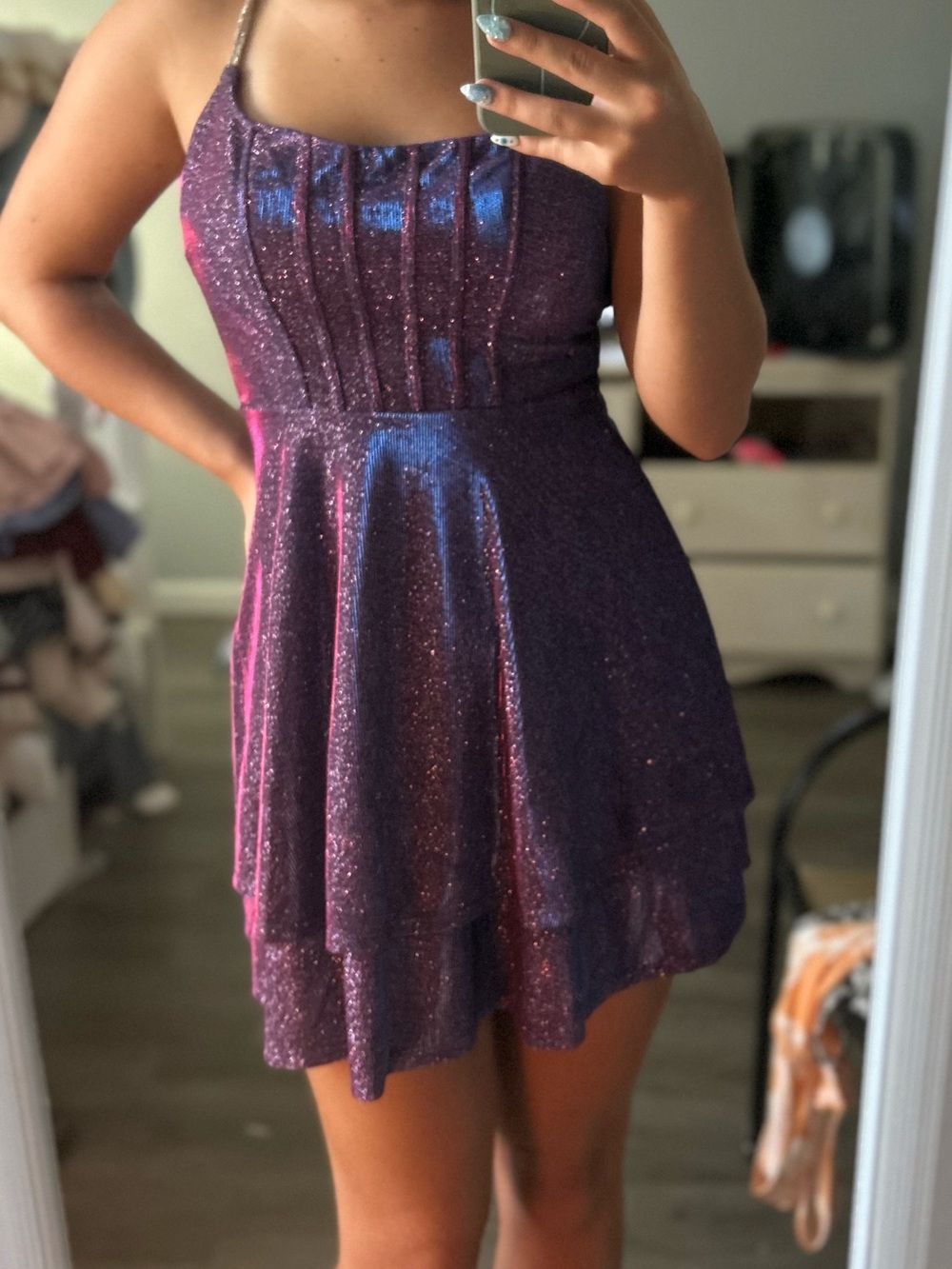 Sparkling Purple Halter Skater Dress